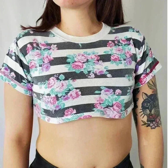 Custom Rare Vtg 80's Baby Mini Cropped Striped Floral Tee - Picture 8 of 10